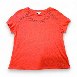 Liz Claiborne Women's Top Short Sleeve Coral Pink Orange Crochet Details Size XL